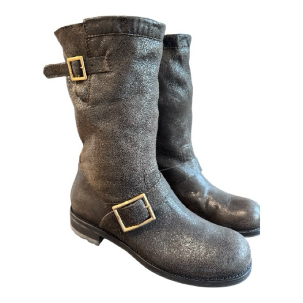 JIMMY CHOO metallic soft brown leather biker boot, size 8